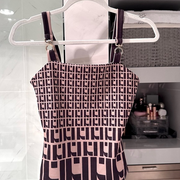 River Island Brown Monogram Bodysuit Patterned Top - Picture 1 of 4